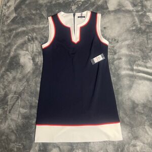 Tommy Hilfiger Womens Dress 12P Navy White Trim Sleeveless Sheath MSRP 109